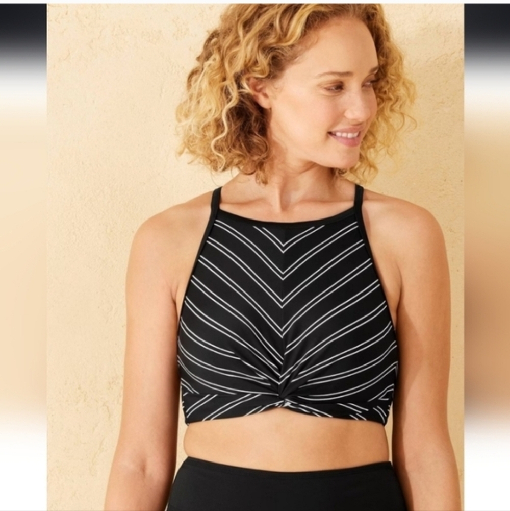 Women's High Neck Twist-Front Longline Bikini Top - Shade Shore Black Stripe XL
